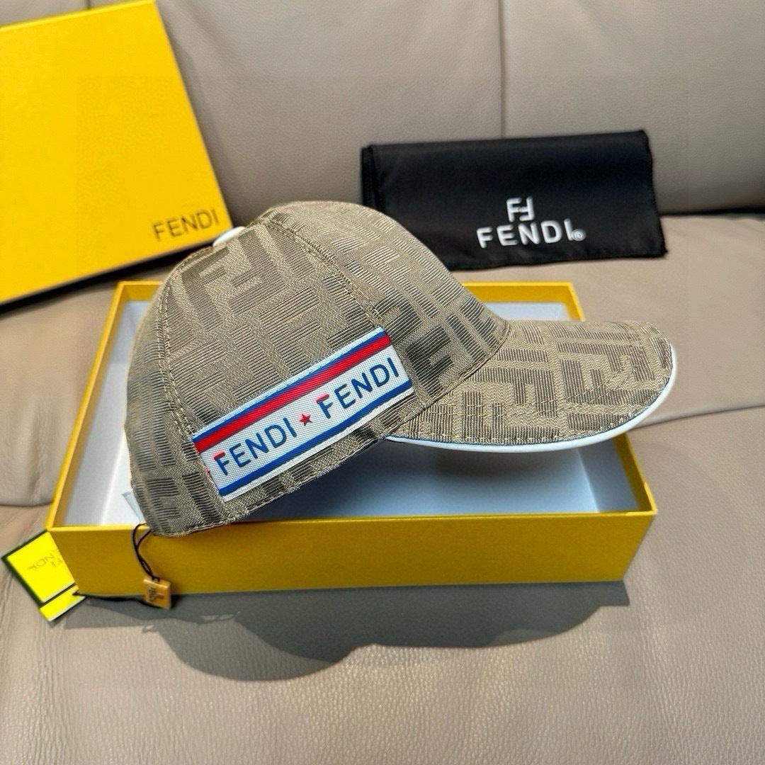 Fendi cap in beige and gray FF logo canvas, curved brim and multicolor logo band.
