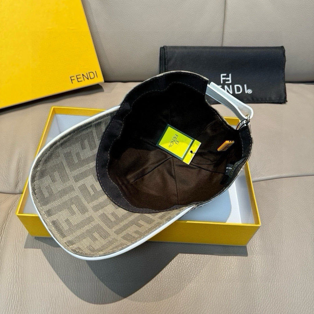 Fendi cap in dark brown FF logo fabric with black interior lining and hanging tag.