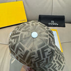 Fendi cap in beige and gray FF logo canvas, close-up with round top button.