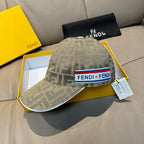 Fendi cap in beige and gray FF logo canvas, with multicolor logo band on front.