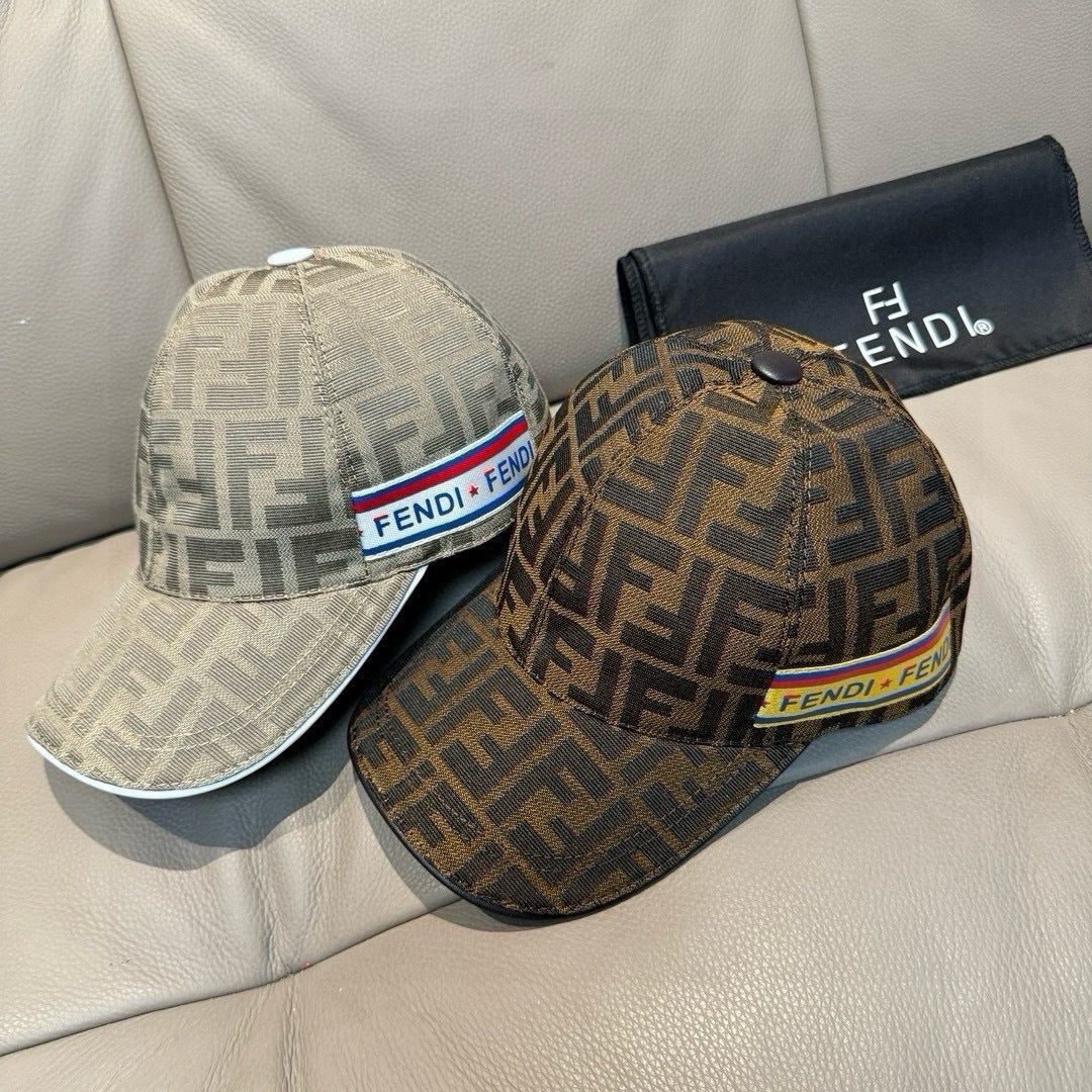 Fendi caps set: beige and dark brown FF logo caps with multicolor logo bands.