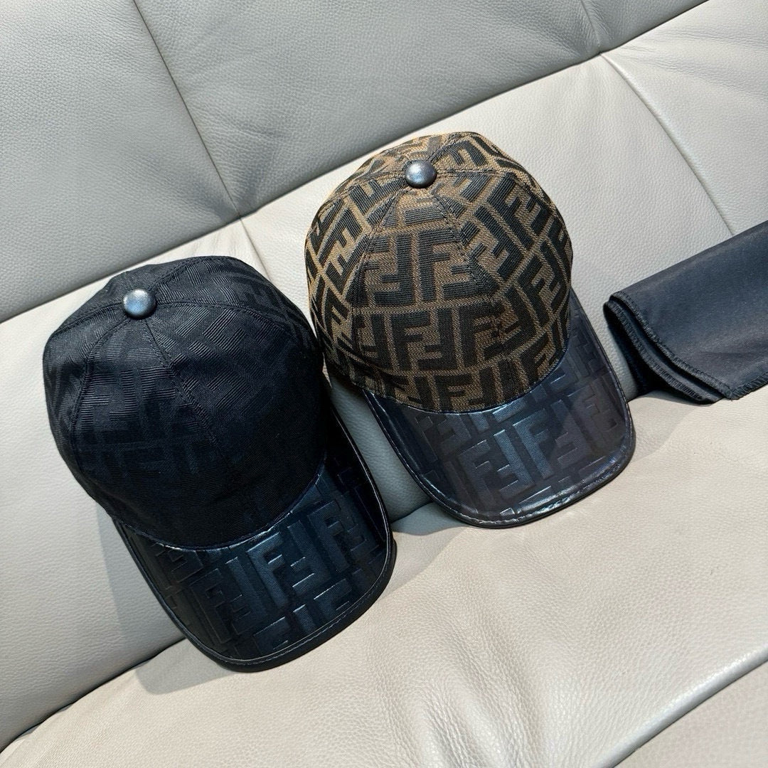 Two Fendi caps: black and brown FF monogram baseball caps