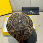 Baseball cap side view with brown FF monogram crown and dark patterned brim