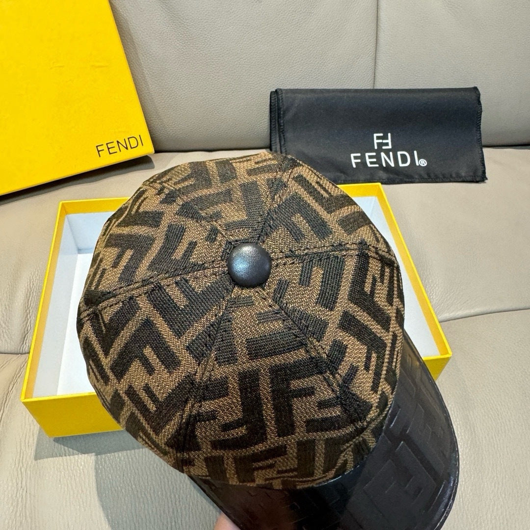 Baseball cap side view with brown FF monogram crown and dark patterned brim