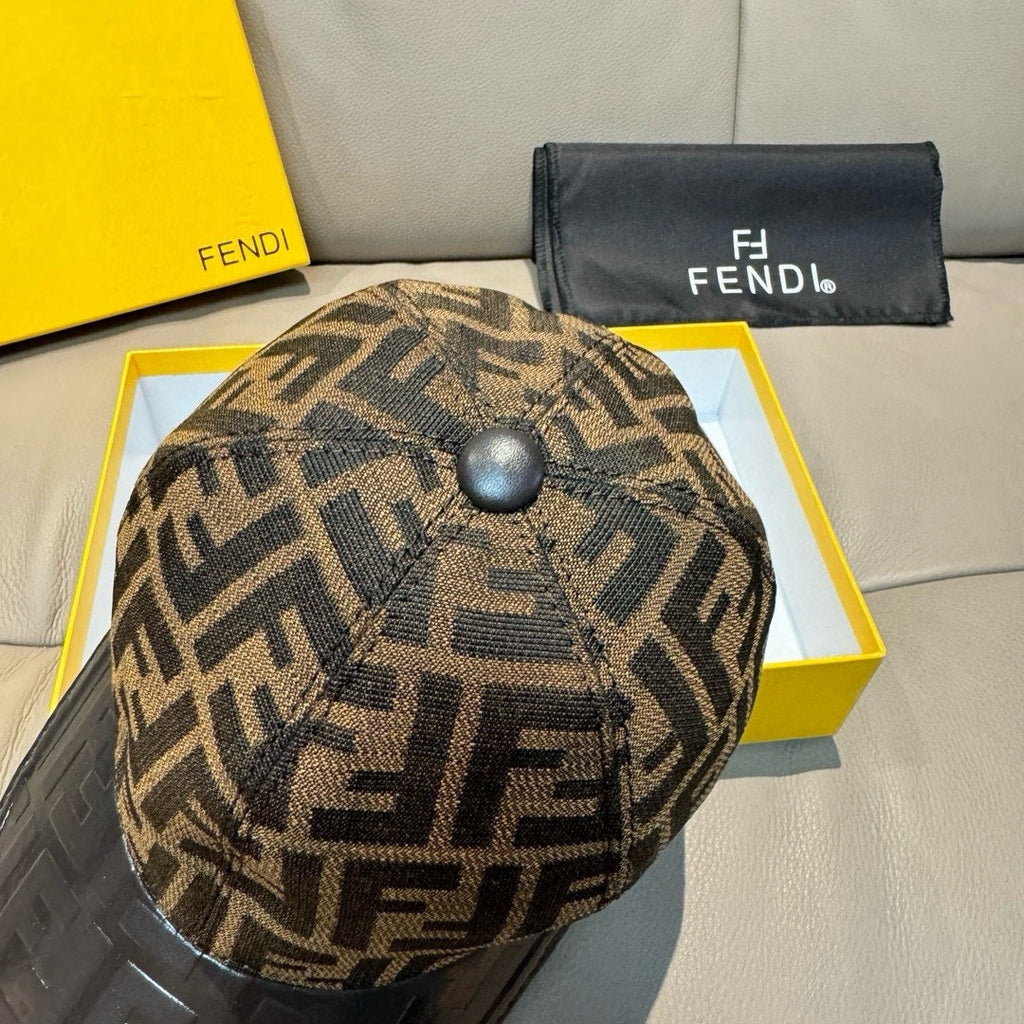 Baseball cap with brown FF monogram crown, black brim, and top button