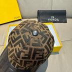 Baseball cap with brown FF monogram crown, black brim, and top button