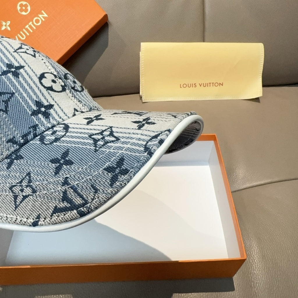 Louis Vuitton denim-blue cap brim with monogram pattern and stitched edge