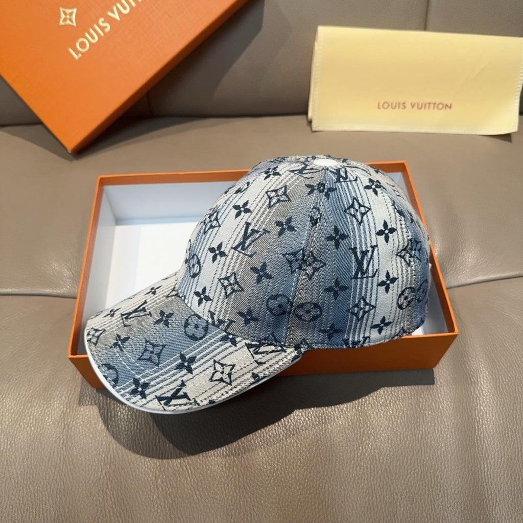Louis Vuitton denim-blue baseball cap with all-over monogram print