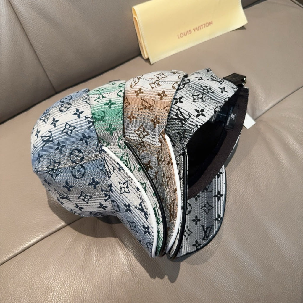 Louis Vuitton monogram baseball cap, light blue with green trim, side strap profile