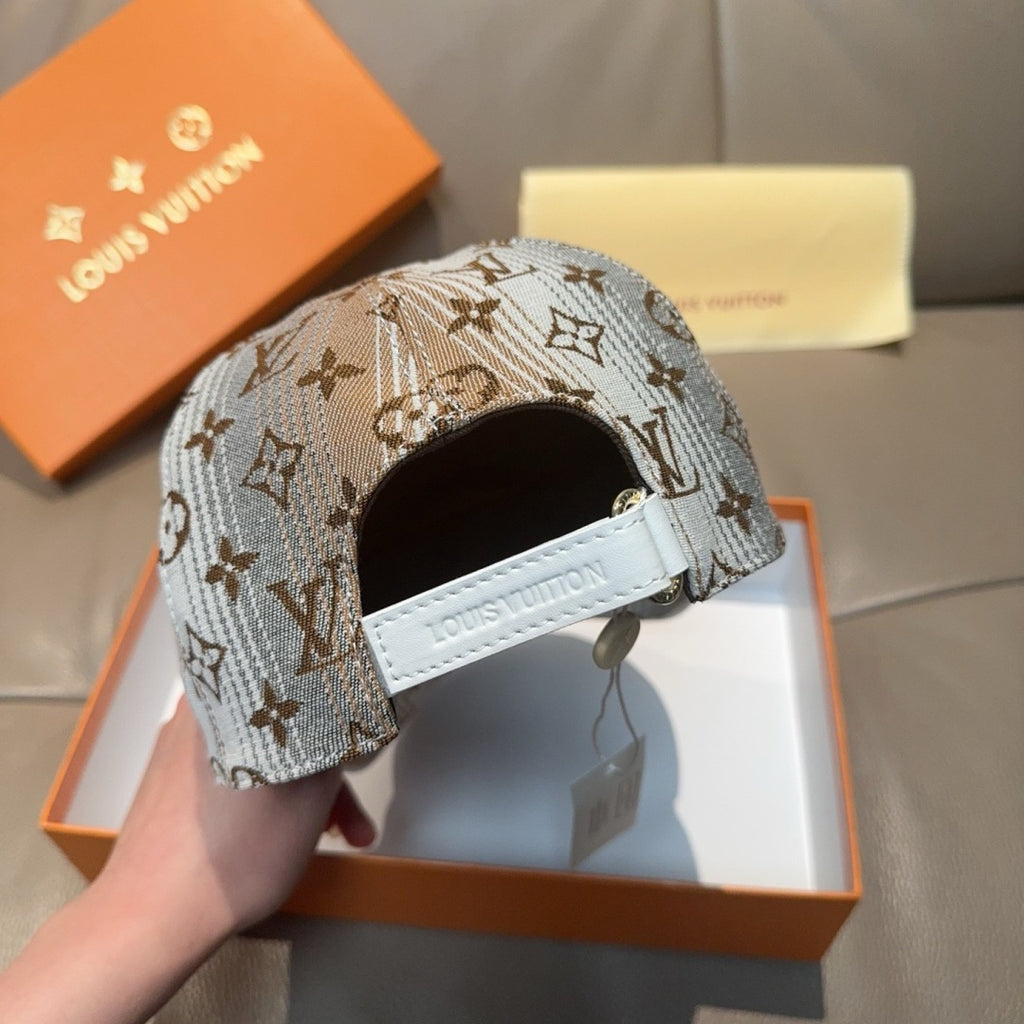 Louis Vuitton monogram baseball cap, light blue and brown, open back view with strap