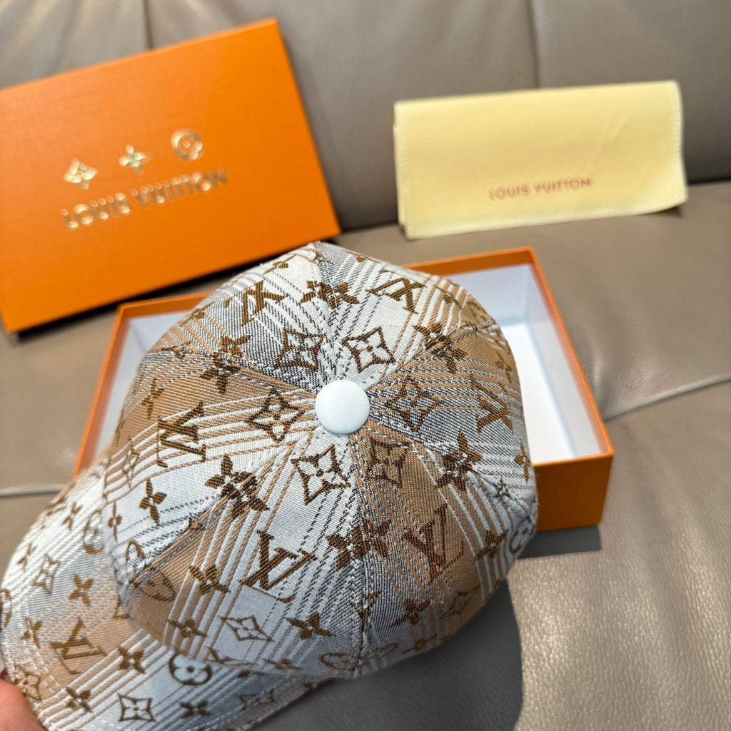Louis Vuitton monogram baseball cap, light blue and brown, top button detail