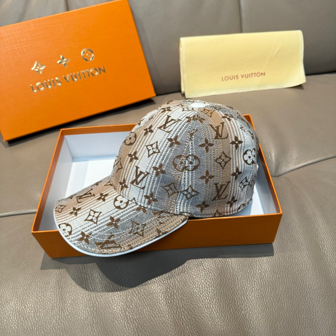 Louis Vuitton monogram baseball cap, light blue and brown, front view with brim