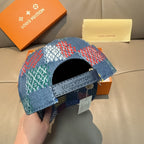 Multicolor patchwork baseball cap showing inner label and adjustable strap
