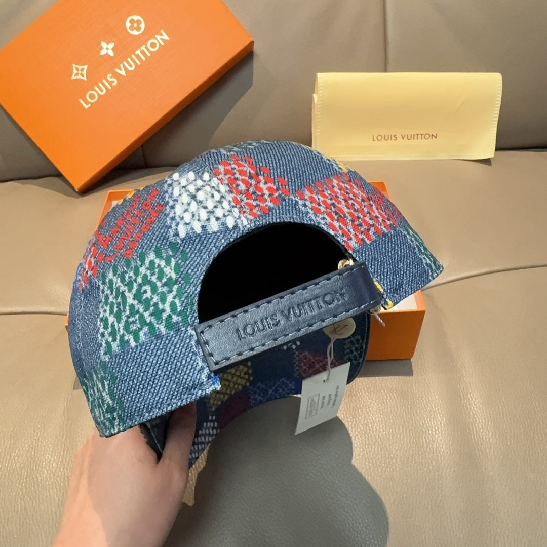 Multicolor patchwork baseball cap showing inner label and adjustable strap