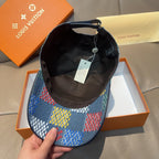 Multicolor patchwork baseball cap with black interior and hanging price tag