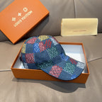 Multicolor patchwork baseball cap with curved brim and fabric-wrapped crown