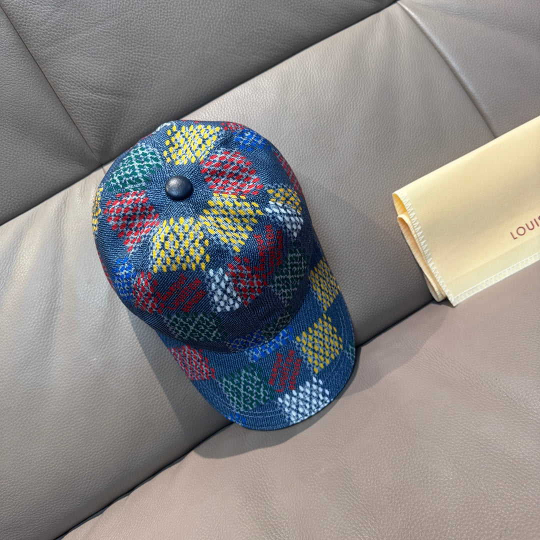 Multicolor patchwork baseball cap in blue with yellow, red, and green squares