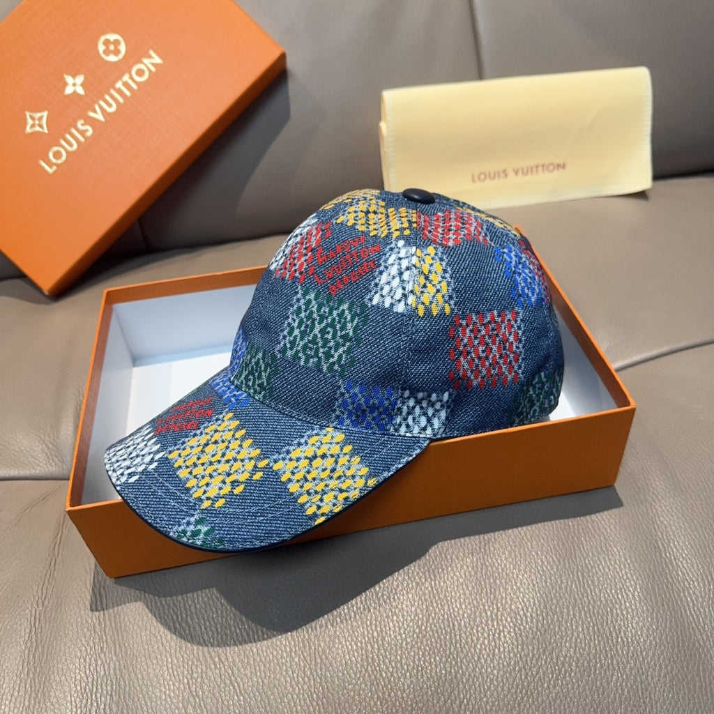 Multicolor patchwork baseball cap in blue with red, green, and yellow blocks
