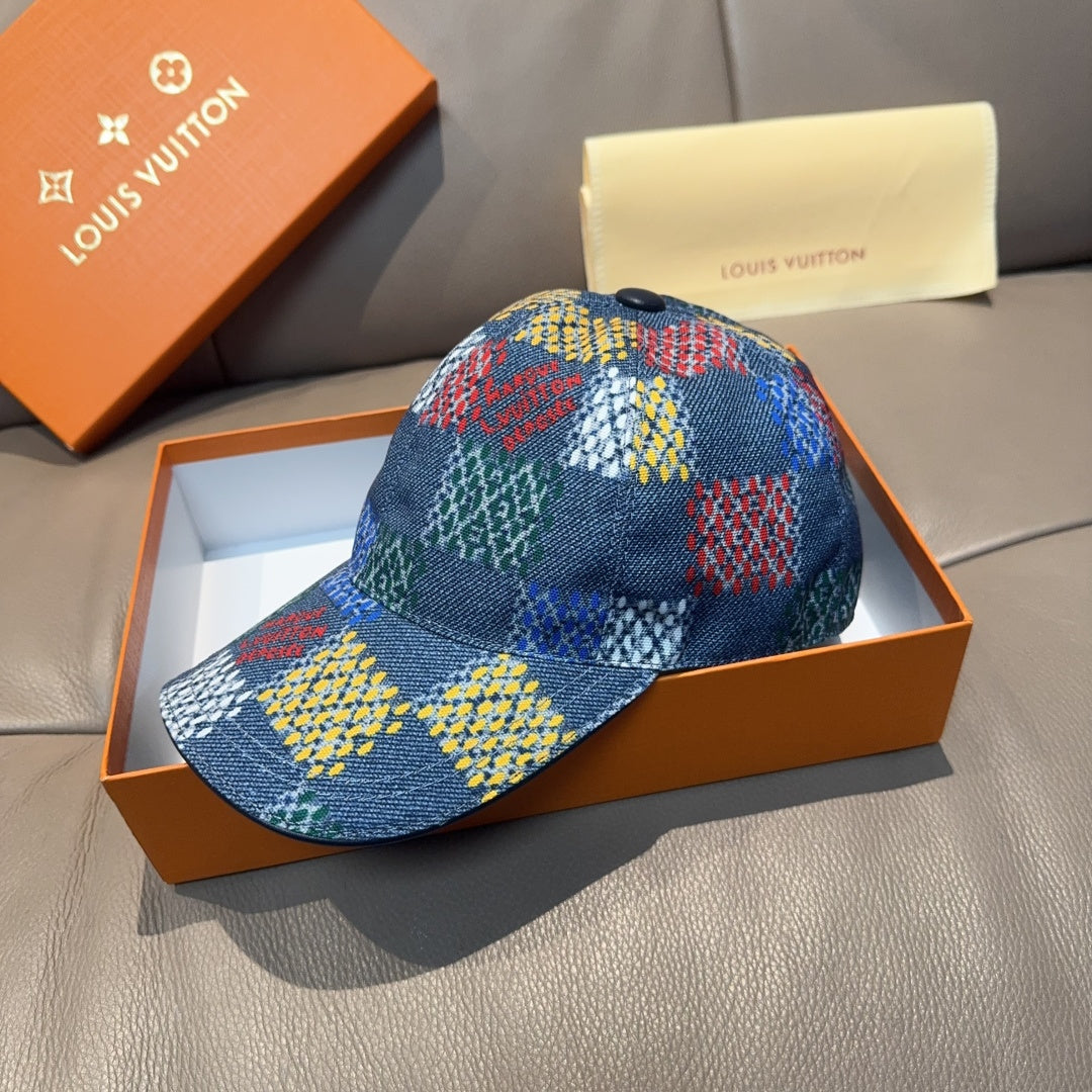 Multicolor patchwork baseball cap in blue with red, green, and yellow blocks