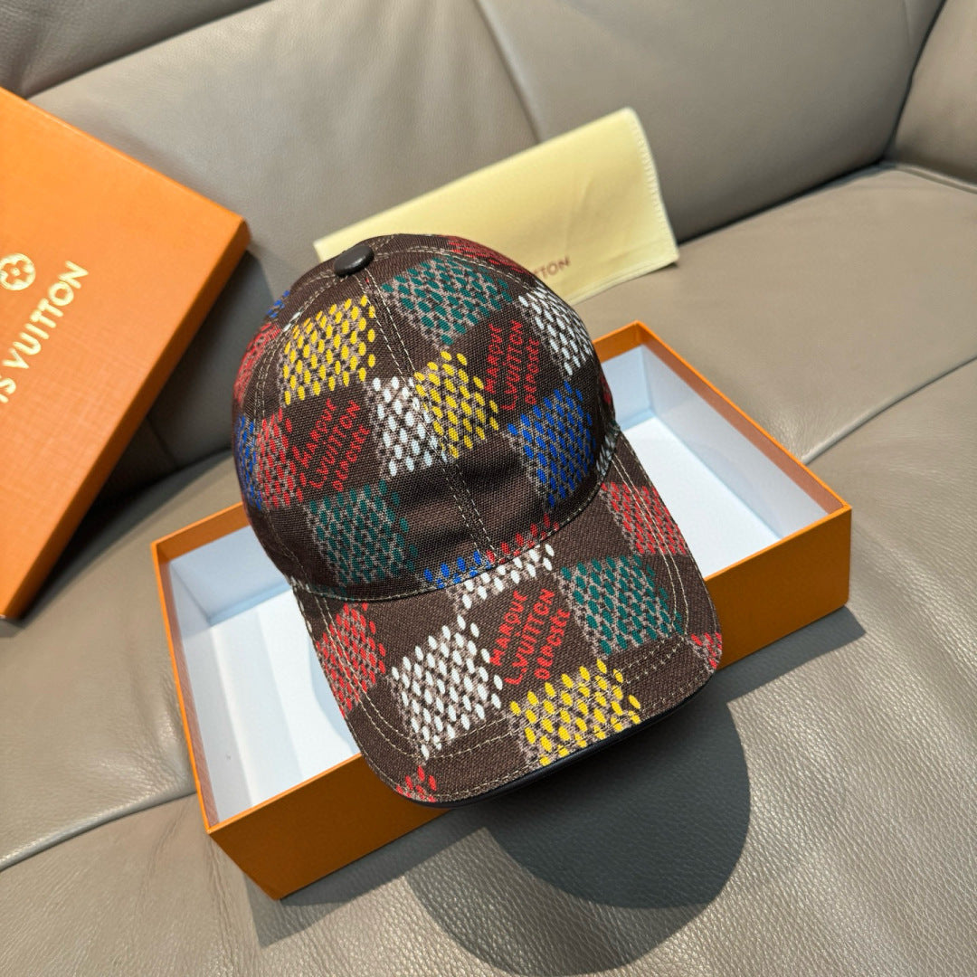 Multicolor patchwork cap with curved brim and stitched crown