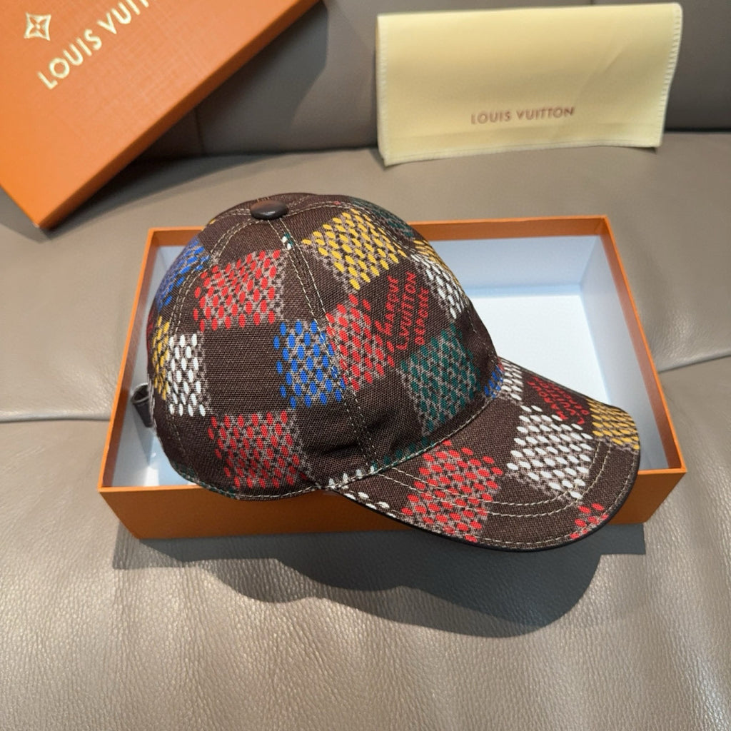 Patchwork plaid baseball cap with curved brim and metal top button