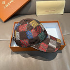 Patchwork plaid baseball cap with curved brim and metal top button
