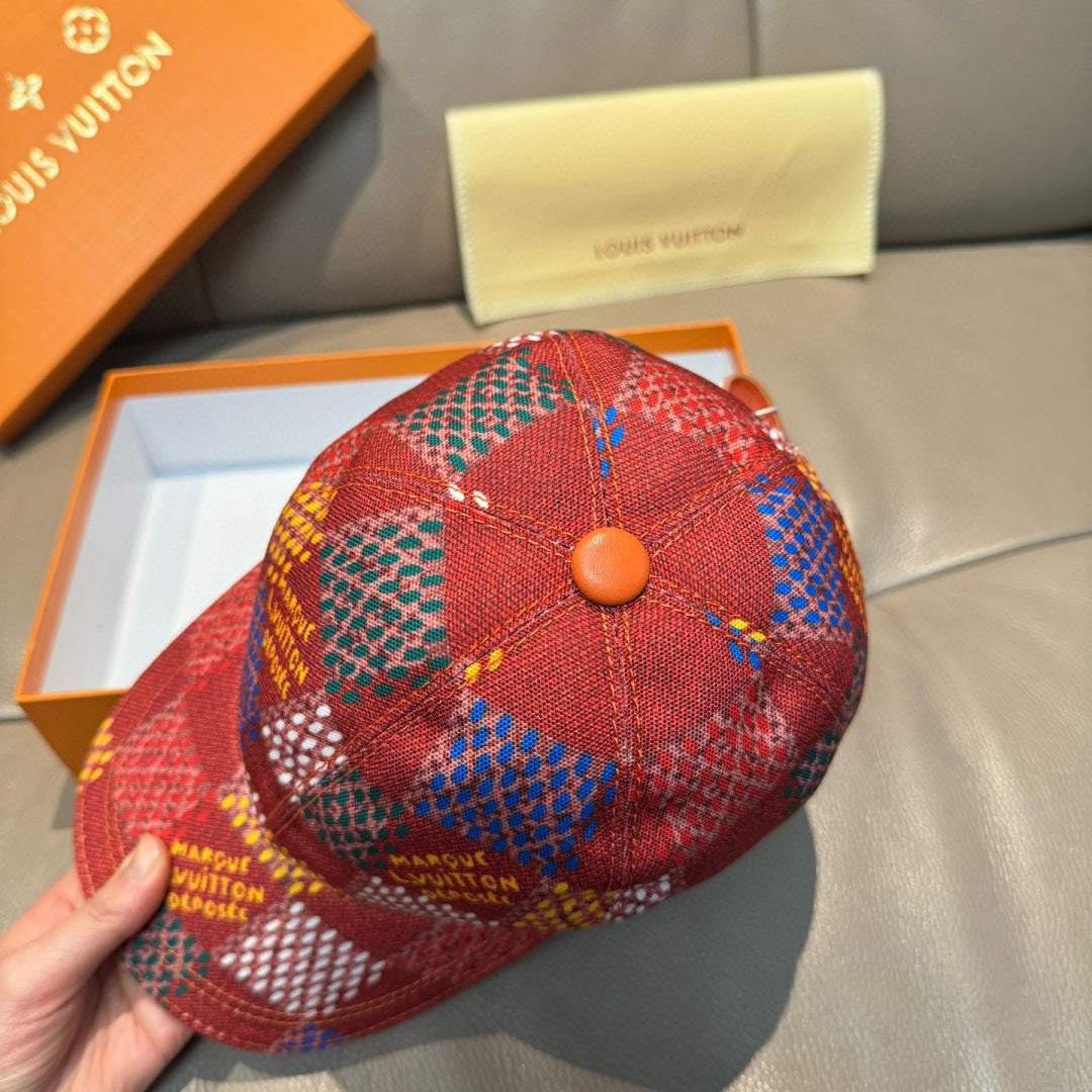 Louis Vuitton multicolor baseball cap, red crown with blue and yellow check pattern