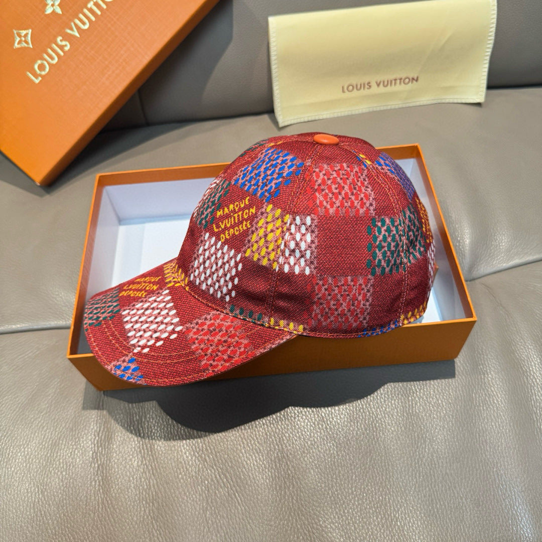 Louis Vuitton multicolor baseball cap with red crown, blue check panels, snap button
