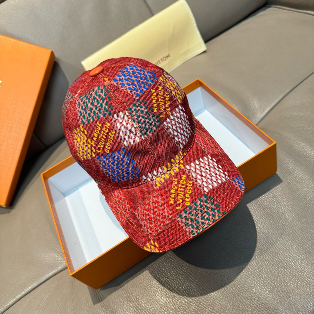 Louis Vuitton multicolor cap with red, blue, and white checker pattern and curved brim