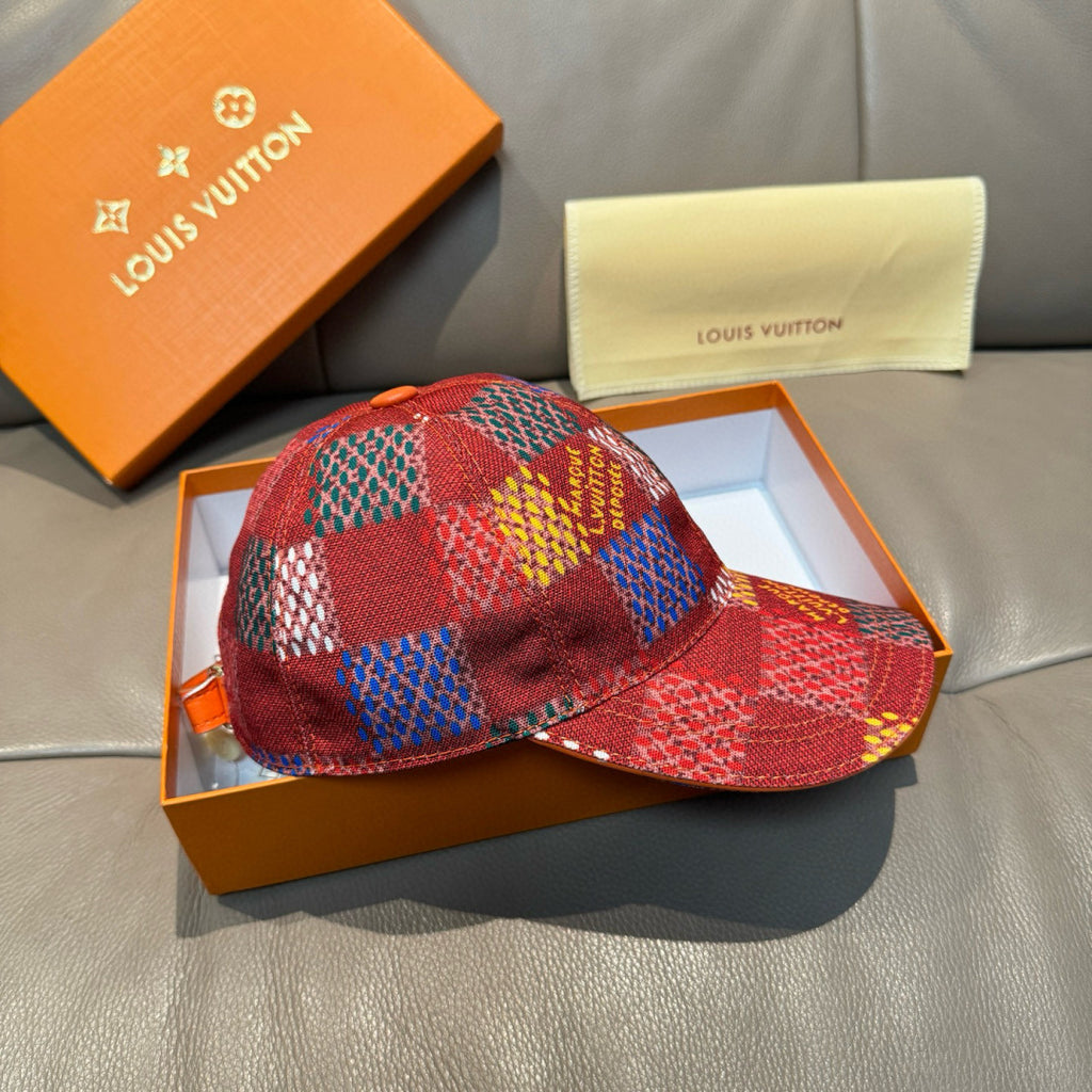 Louis Vuitton multicolor baseball cap with red brim and patchwork check pattern