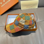 Louis Vuitton cap, multicolor patchwork in orange, green, blue, and white
