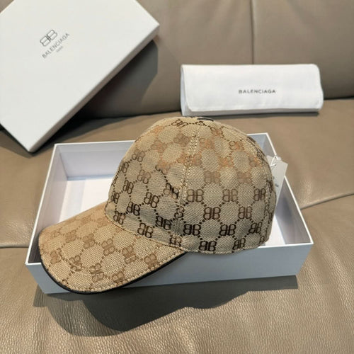Monogram baseball cap with curved brim, tan and dark brown pattern, side-front view