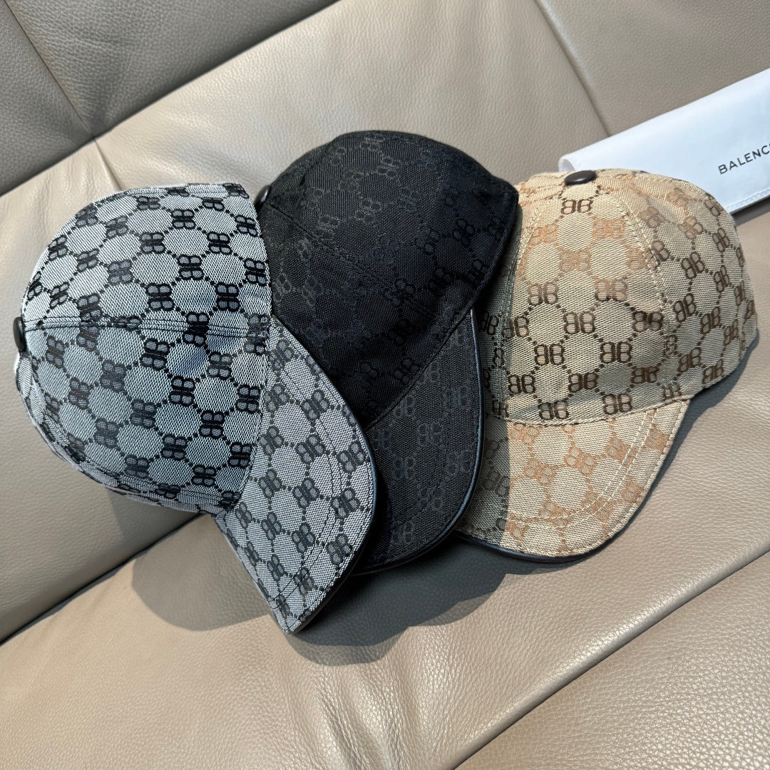 Balenciaga caps trio: dark, light gray, and beige monogram fabric with curved brims