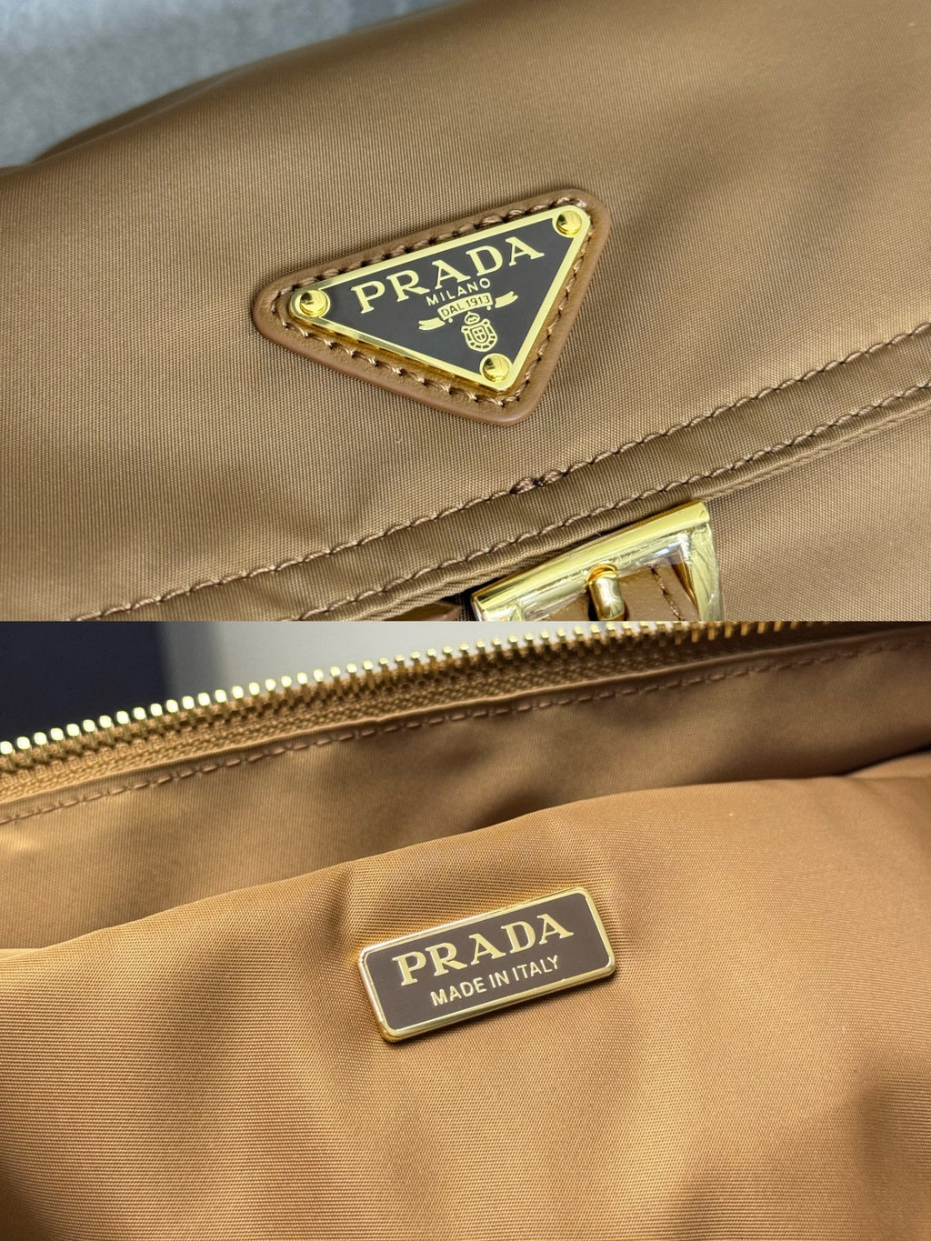 Tan bag close-up with Prada logo plaque and gold zipper pull hardware