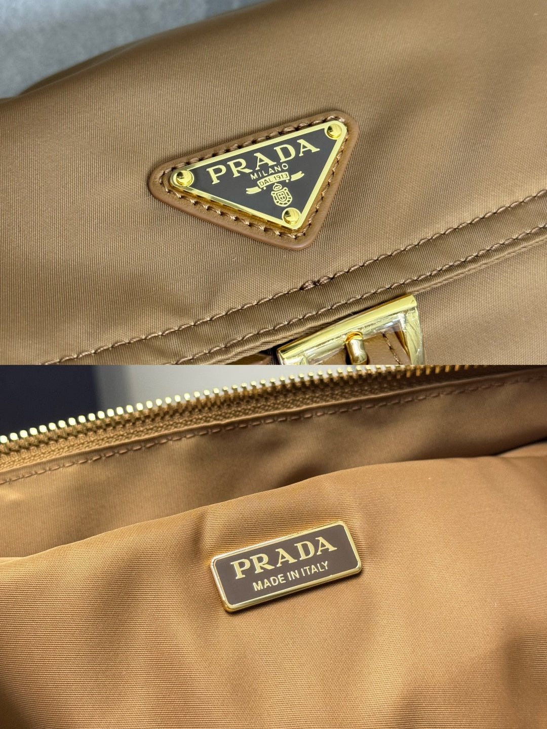 Tan bag close-up with Prada logo plaque and gold zipper pull hardware