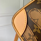 Louis Vuitton strap edge close-up with tan leather stitching on monogram canvas bag