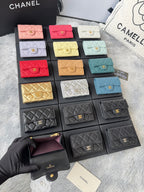 Small quilted flap wallet bags set in pastel pink, red, white, yellow, teal, and black.