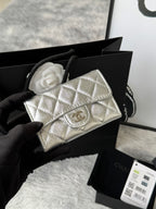 Quilted flap bag with gold logo, metallic silver textured leather, magnetic snap closure.