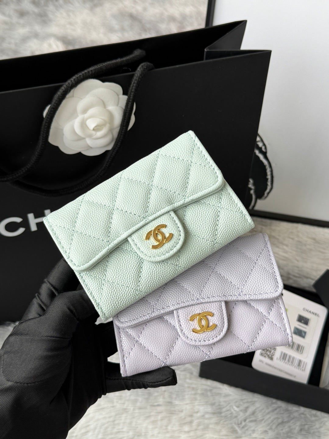 Light mint quilted flap small bag with gold logo clasp and chain strap