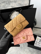 Peach pink quilted flap small bag with gold logo clasp and chain strap