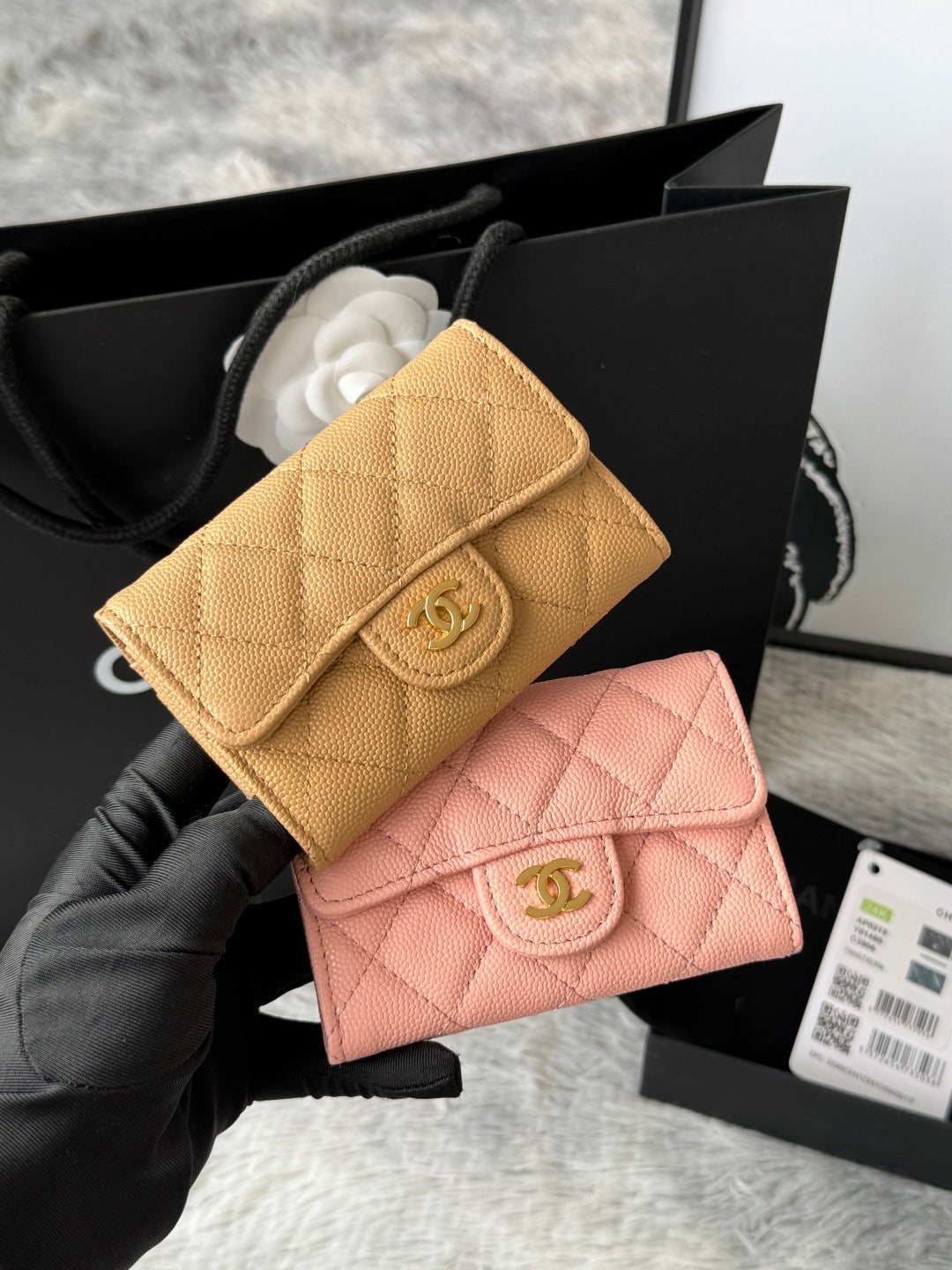 Peach pink quilted flap small bag with gold logo clasp and chain strap