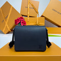 Men’s navy textured leather crossbody bag with flap and LV logo on front.