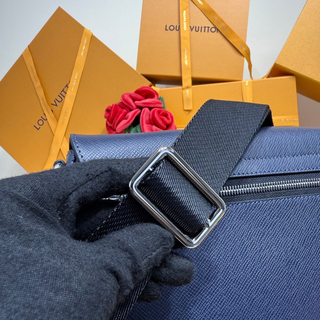 Men's Louis Vuitton bag, dark blue strap with silver buckle hardware