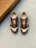 Burberry lace-up sneakers in beige and dark brown with white soles, shown side by side