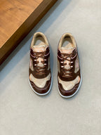 Burberry lace-up sneakers in beige and dark brown with white soles, shown side by side