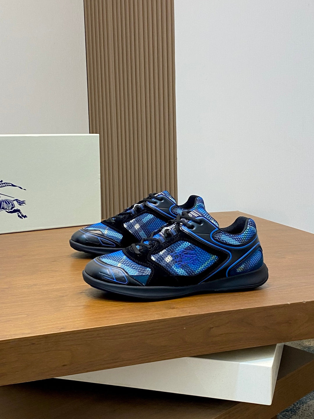 Blue and black lace-up sneakers with mesh panels and rubber toe, Burberry