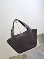 Dark gray suede tote bag with open top and short handles