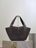 Dark gray suede tote bag with short handles and YSL logo charm