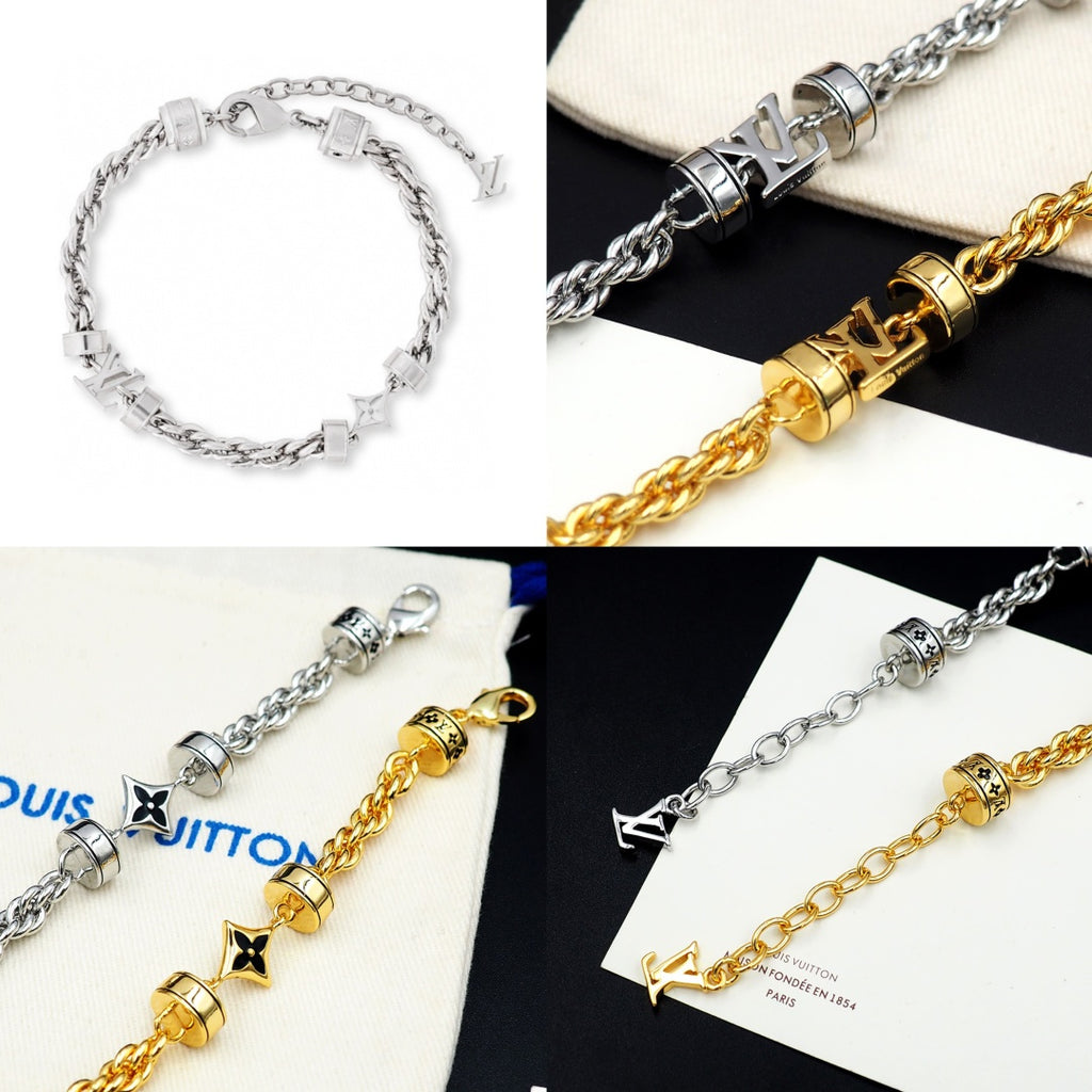 Louis Vuitton charm bracelet details, silver and gold logo bead links with star charms