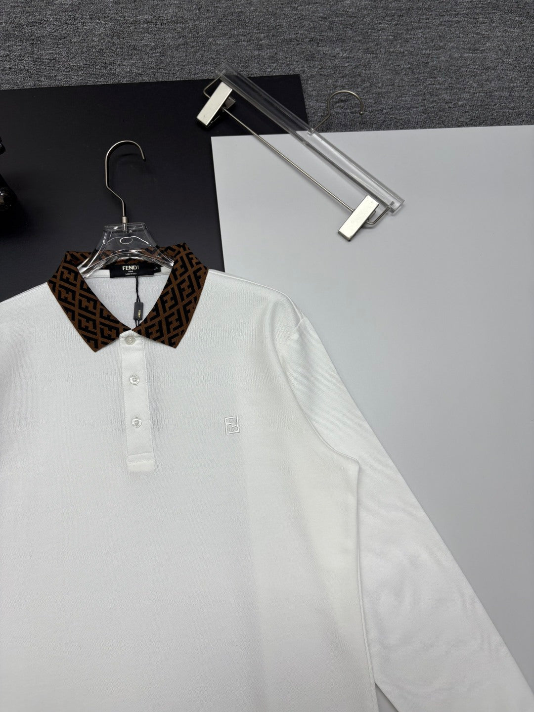 Fendi long-sleeve polo shirt, white, front view with button placket